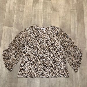 Womens Calvin Klein Animal Print Sheer Ruffled Sleeve V-Neck‎ Top Shirt